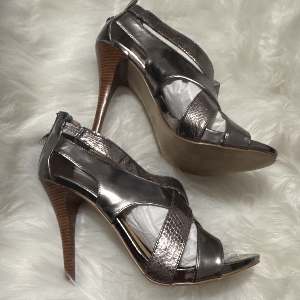 Michael Kors Silver Faux Leather Strappy Open Toe Stiletto Heels Zip 8.5M